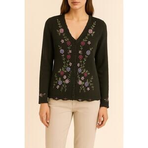 Vintage Yarnworks Floral Knit Cardigan Embroidered Boho Cottagecore Large